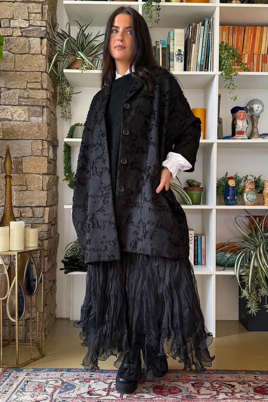 Bodi Jacquard Oversized Cocoon Coat Black
